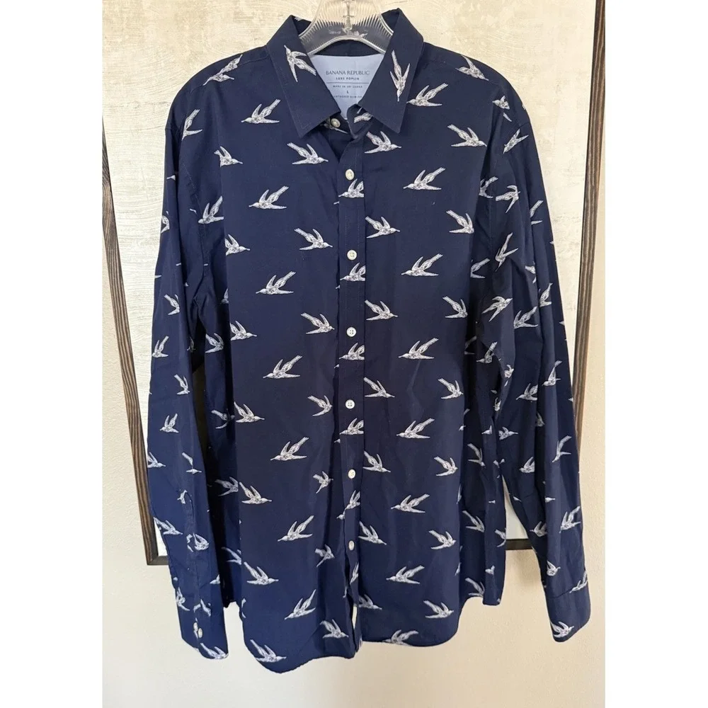 Banana Republic Mens Luxe Poplin Untucked Slim Fit Bird‎ Print Blue Shirt Large